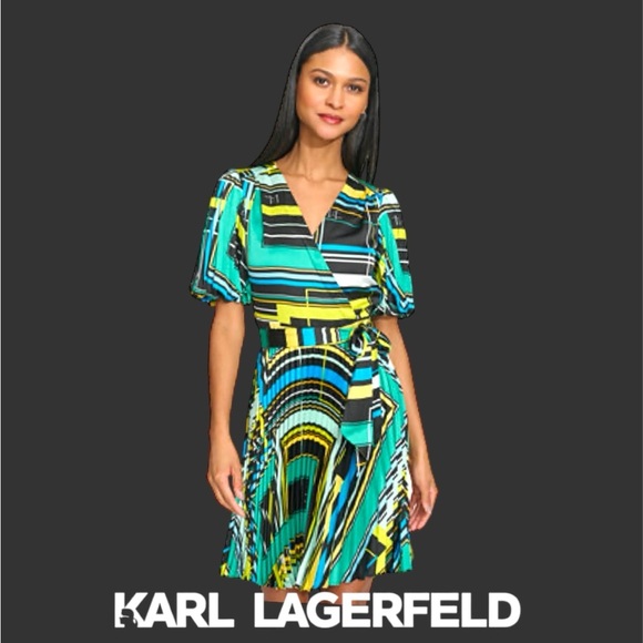 KARL LAGERFELD Geometric Surplice V Neckline Pleated Sleeve Wrap Dress, NEW - Picture 5 of 5